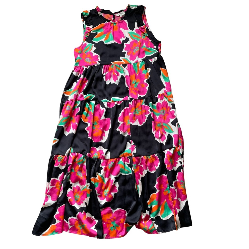 Umgee Satin Floral Frill Neck Tiered Maxi Dress